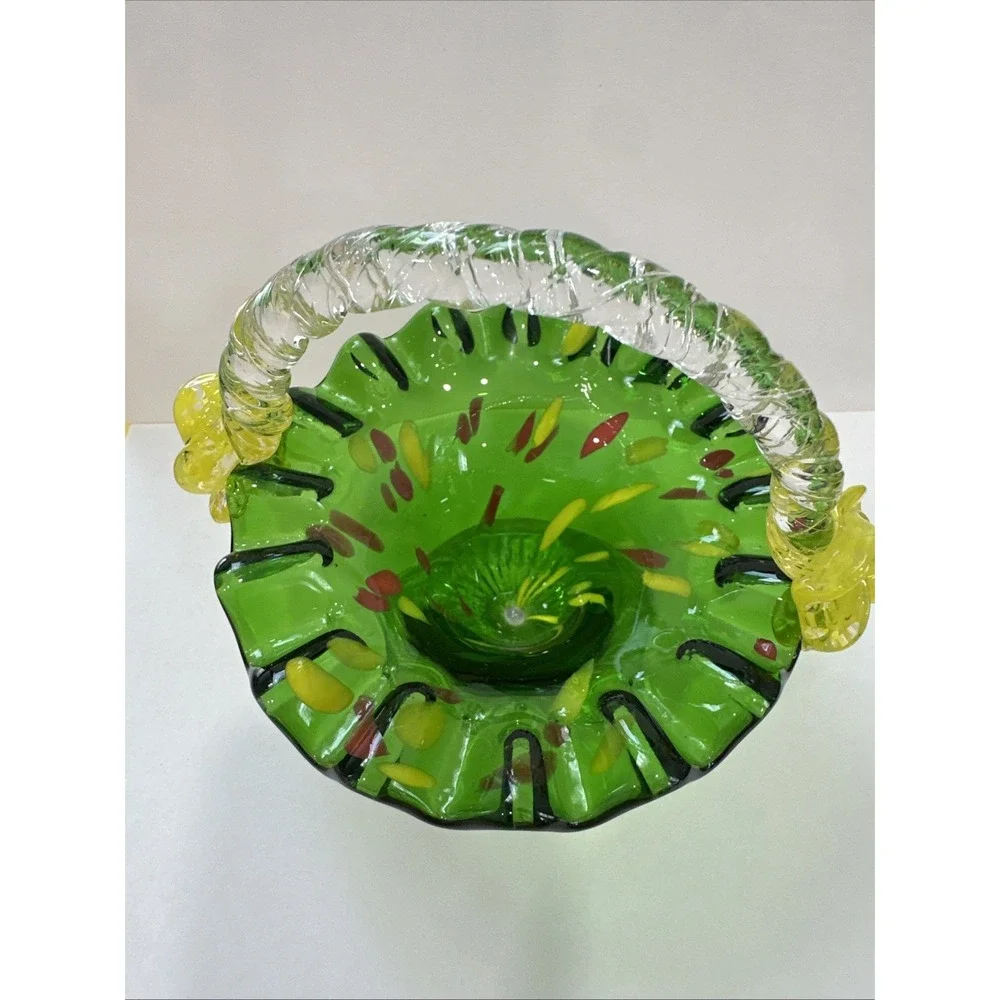 Vintage Hand Blown Art Glass Basket Emerald Green Confetti Ruffled Yellow 5.5